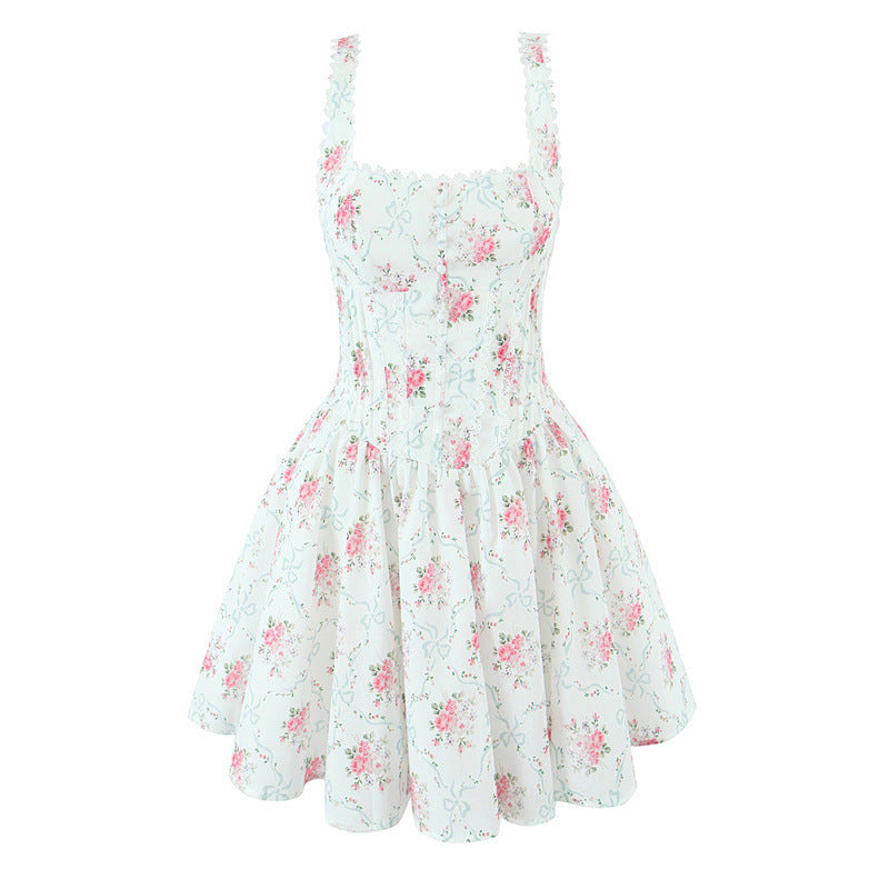 Rose Printed Lace Stitching Cotton Mini Dress