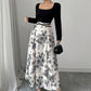 Women's Printed Square-Neck Patchwork Lace-Up Dress