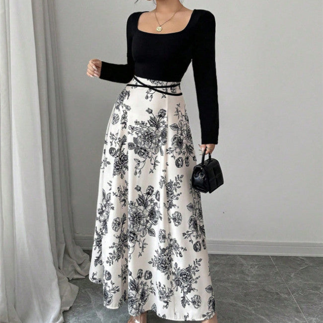 Women's Printed Square-Neck Patchwork Lace-Up Dress