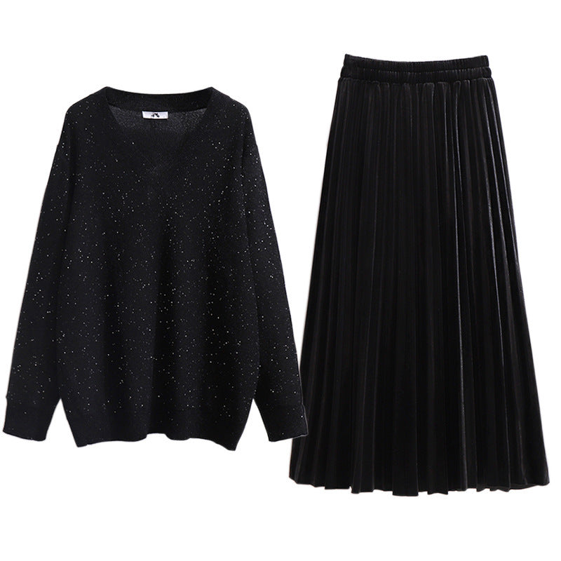 Fat Sister V-neck Sweater Korean Style Gold Velvet Skirt