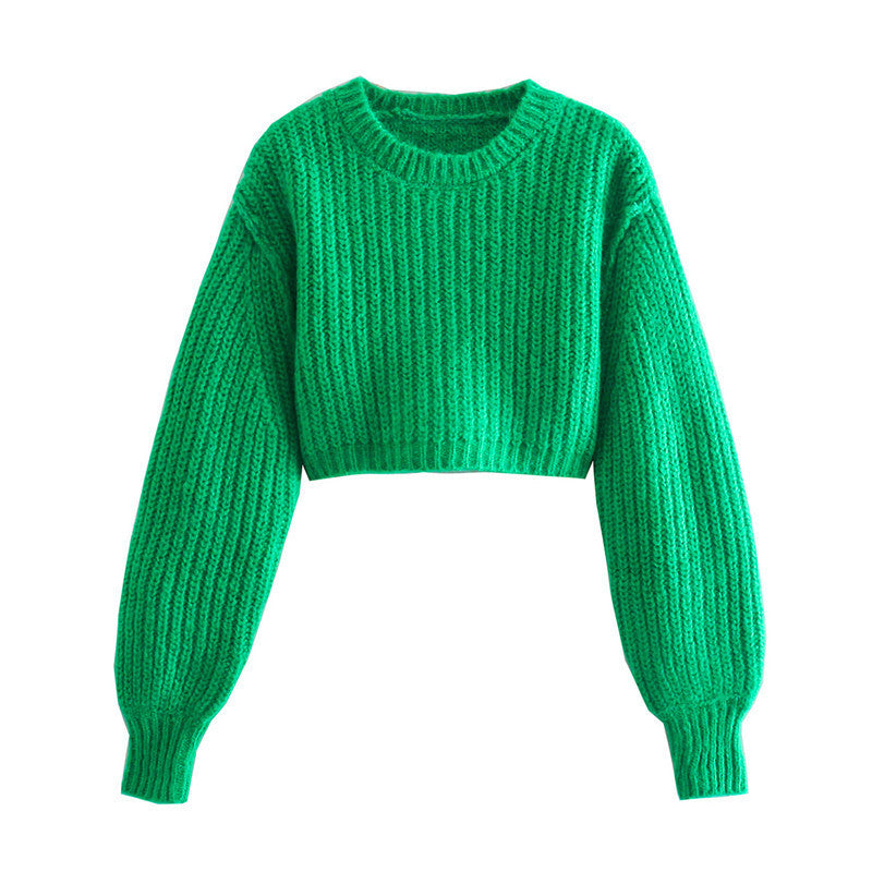 Women's Fashion Round Neck Solid Color Cropped Sweater