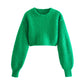 Women's Fashion Round Neck Solid Color Cropped Sweater