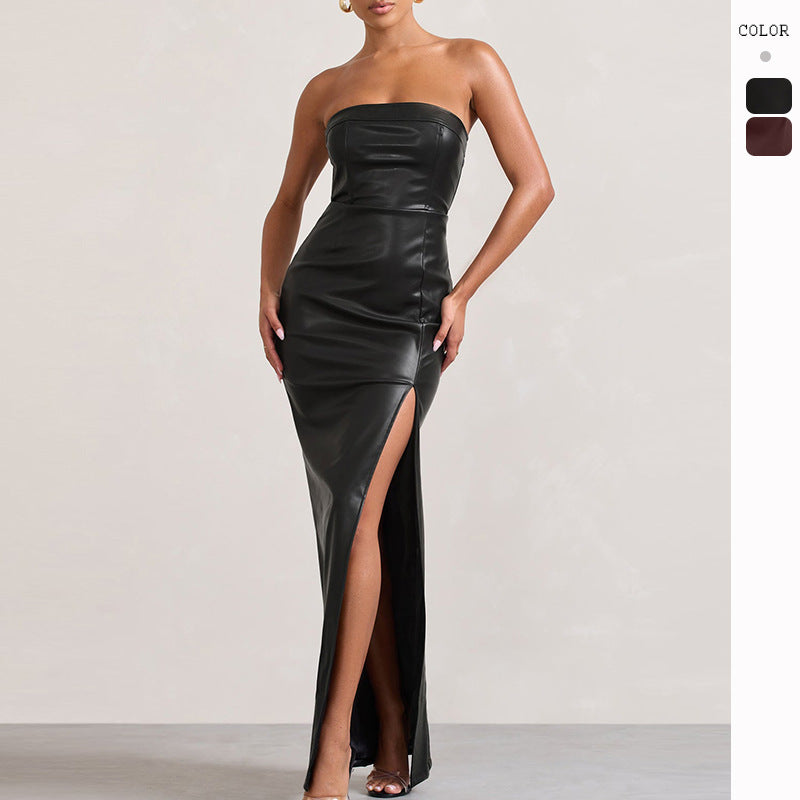 Women's Summer Slim-fit Long PU Leather Dress