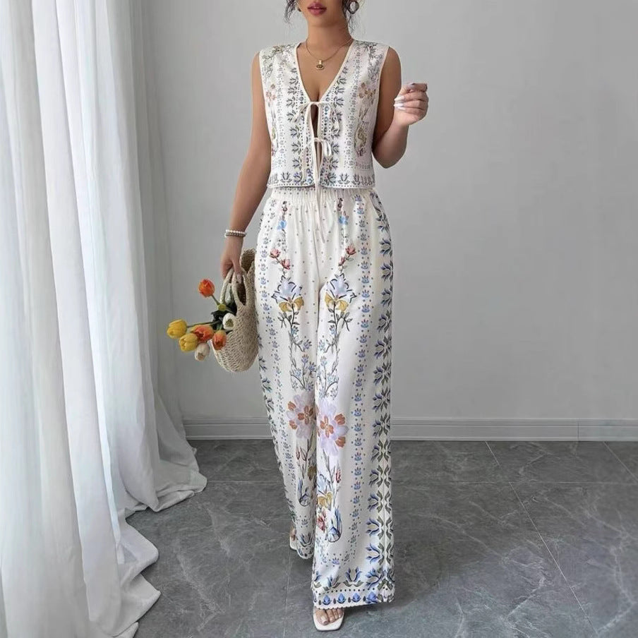 Fashionable Sexy Loose-fit Lace-up Vest Top With Wide-leg Trousers