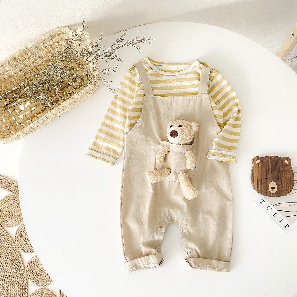 Pantalons à bretelles pour bébé, pour hommes et femmes, barboteuse en deux pièces avec faux ours, rayée, style coréen, printemps et automne
