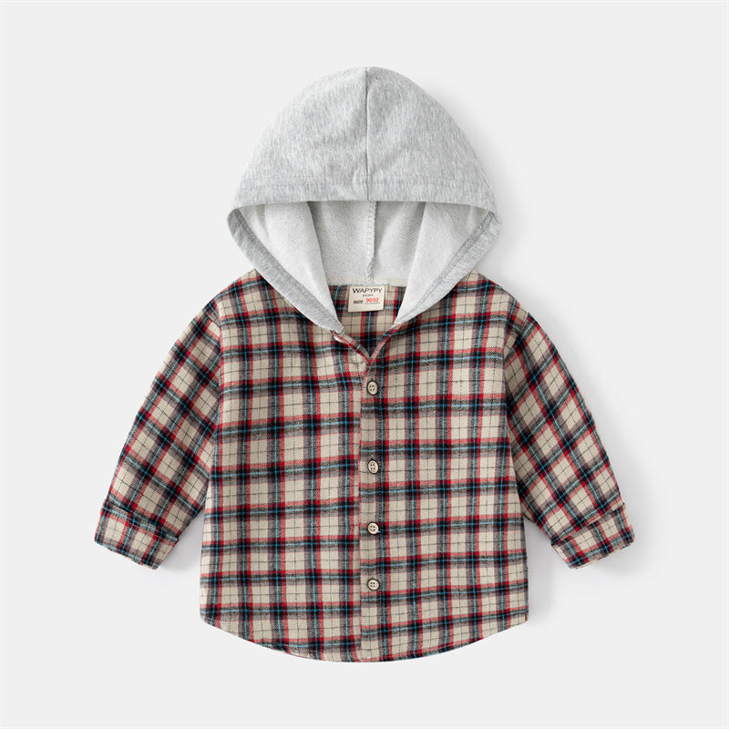 Korean Style Children's Long-sleeved Shirt Baby Plaid Hooded Shirt Trendy