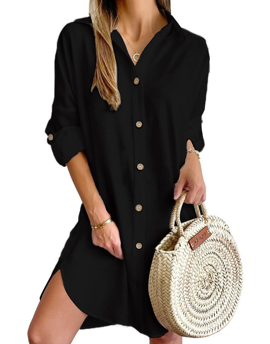 Robe chemise boutonnée à manches longues et revers pour femme, vêtement d'automne décontracté