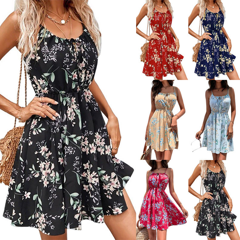 Elegant Sleeveless Dress Pullover Print Elastic Waist