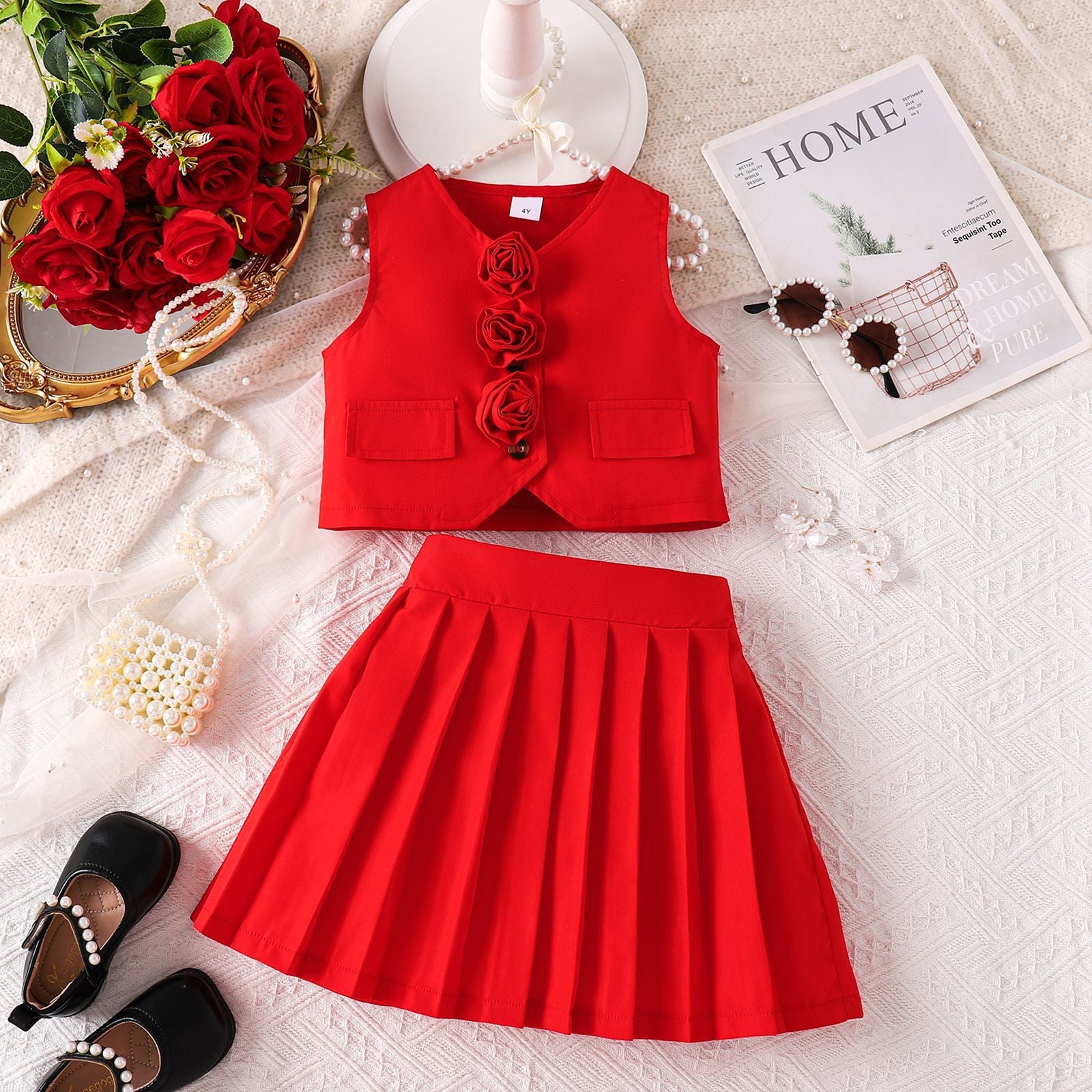 Suit Vest Paired With A Solid Color Pleated Skirt Set