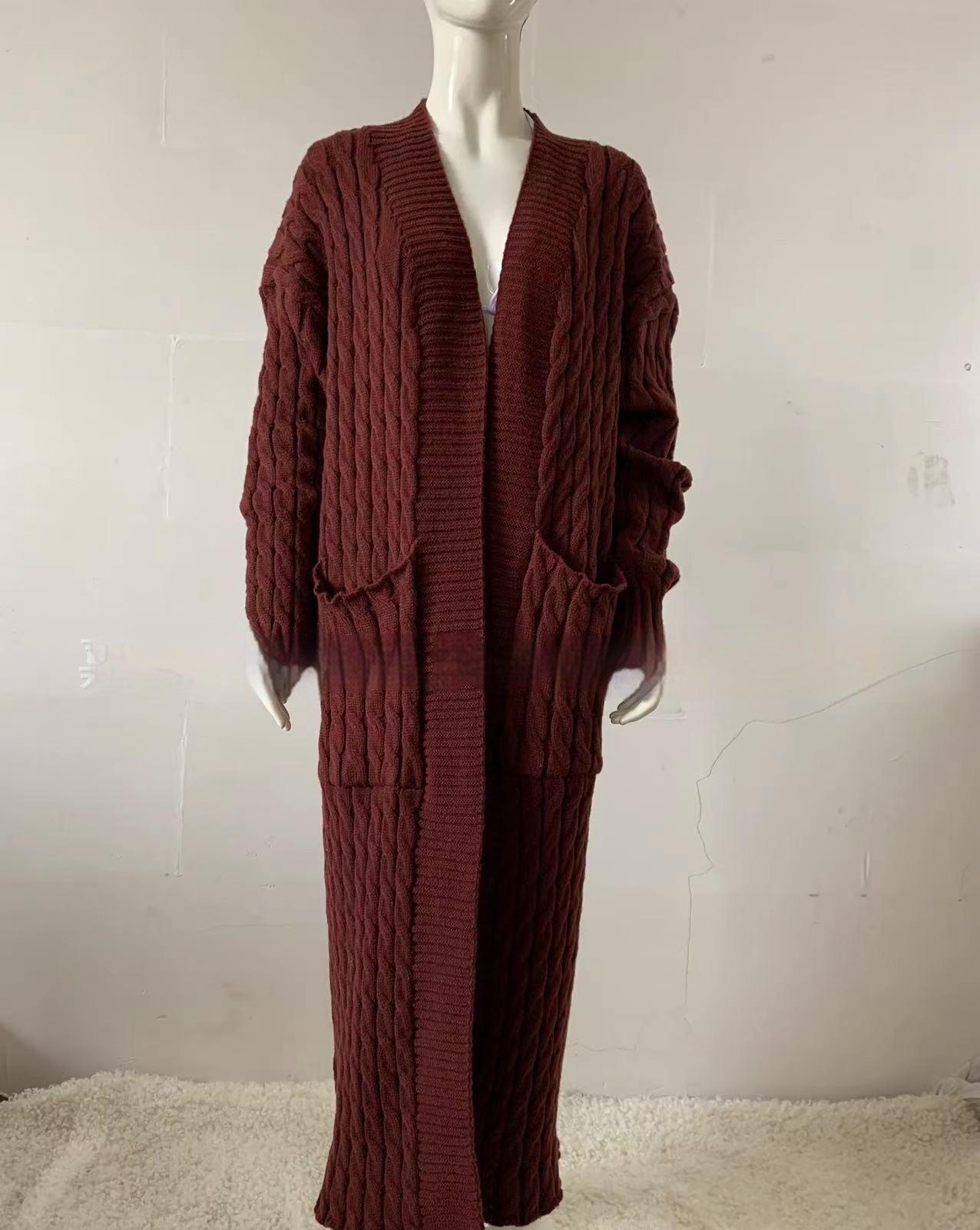 Cardigan long en tricot avec poche, pull long, manteau épais, européen et américain