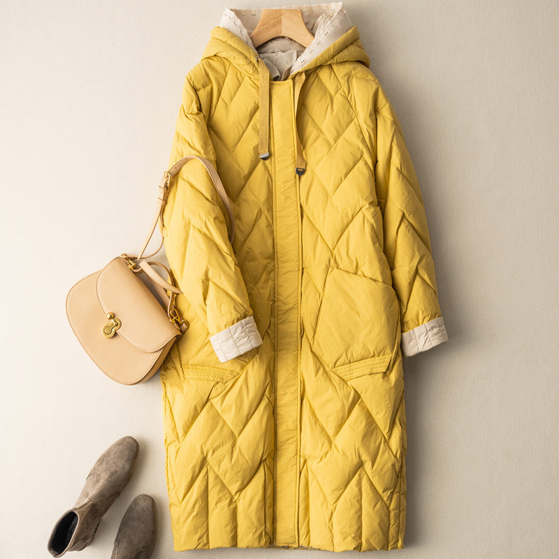 Medium Long Loose Warm Fashion Coat Women's Knitting Wool Hooded Down Jacket
