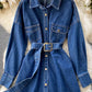 Women's Retro-breasted Denim Jacket With Polo Collar And Waist Was Thin