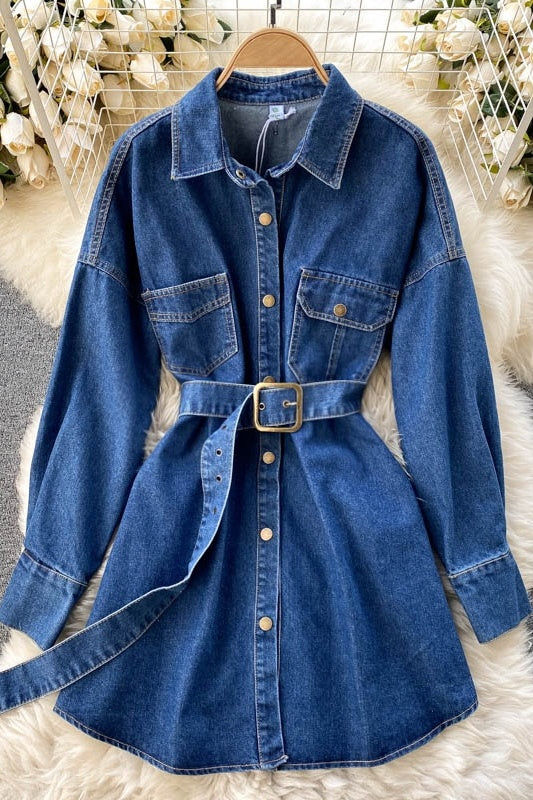Women's Retro-breasted Denim Jacket With Polo Collar And Waist Was Thin