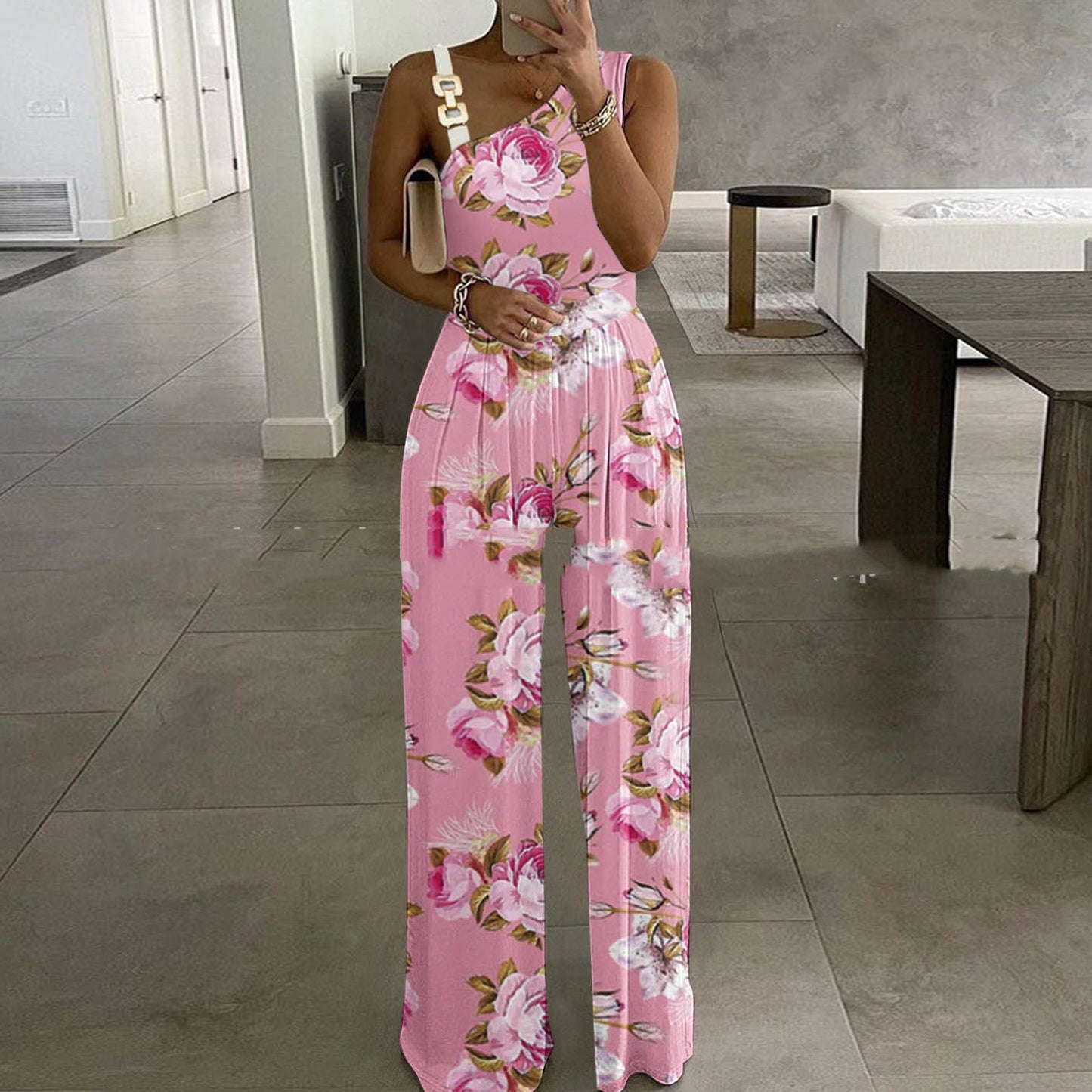 Women's Metal Buckle Vest Top High Waist Wide Leg Jumpsuit