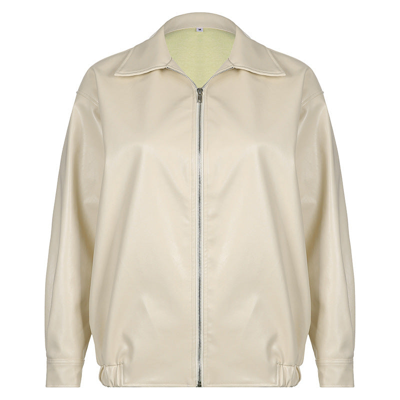 Women's Leather Solid Color Windbreaker Zipper Loose Coat