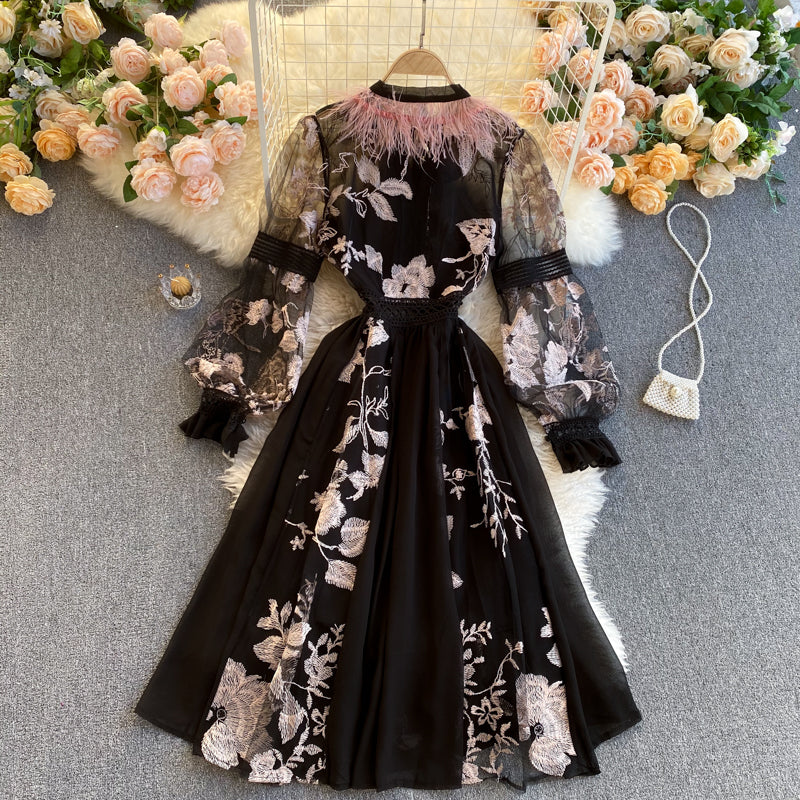 Heavy Industry Embroidered Flowers Ostrich Fur Lace Dress