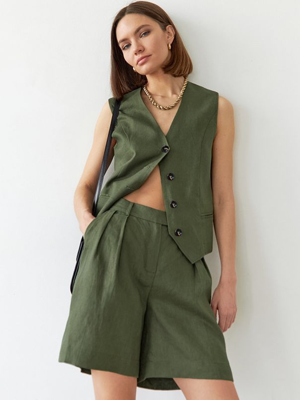 Ensemble gilet et short décontractés à col en V pour femmes