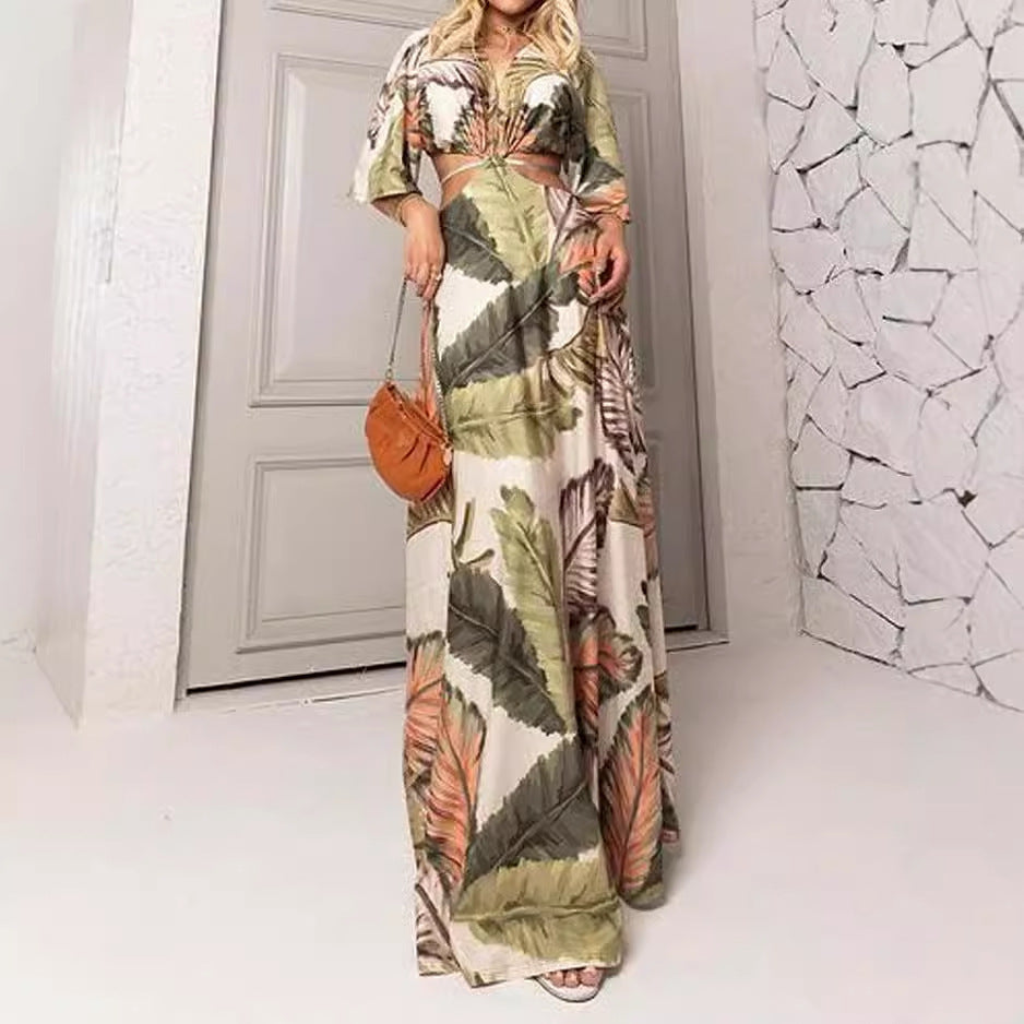 Robe tube à col en V imprimée style décontracté européen et américain