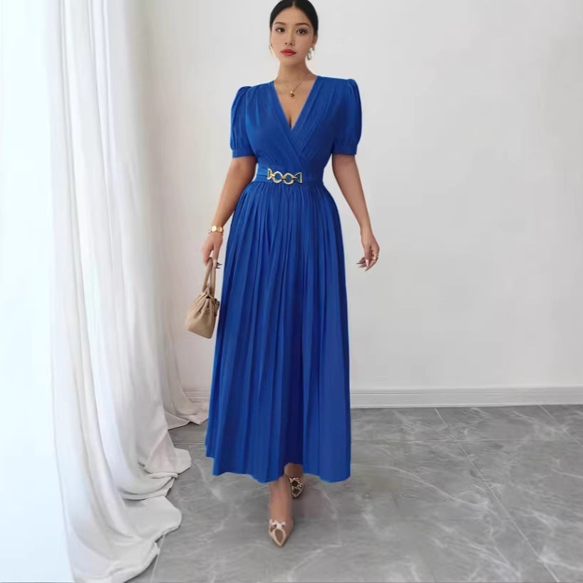 Cross V-Neck Defined Waist Slimming Puff Sleeve Patchwork Pleated Dress For Women