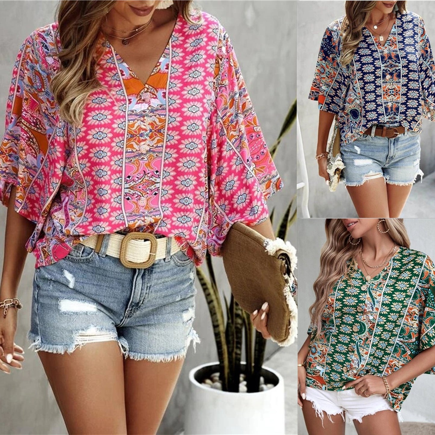 Women's Bohemian Print Button Detail Shirt