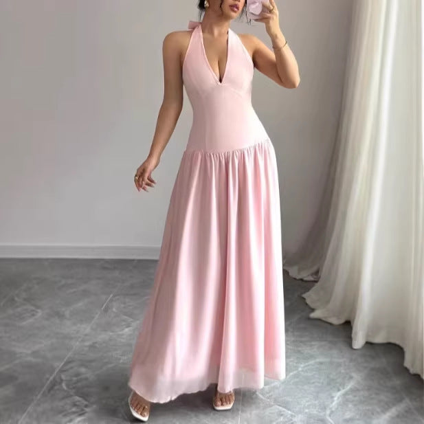 Solid-color Sleeveless Halter-neck Backless Dress For Women