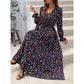 Fall Women's Clothing Printed V-neck Long Sleeve Big Hem Fashion All-matching Dress