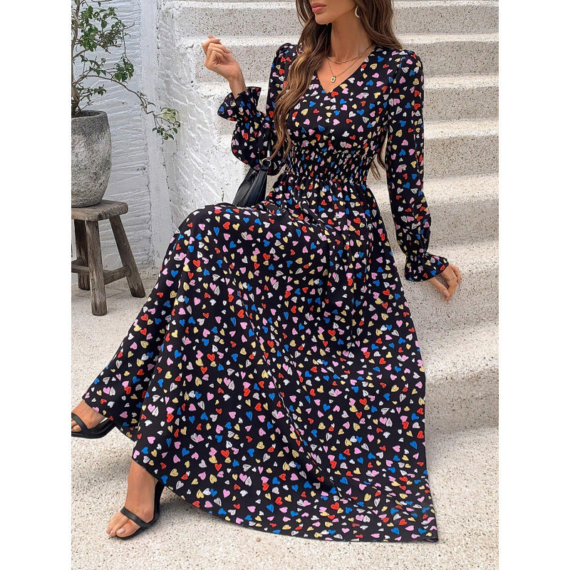 Fall Women's Clothing Printed V-neck Long Sleeve Big Hem Fashion All-matching Dress