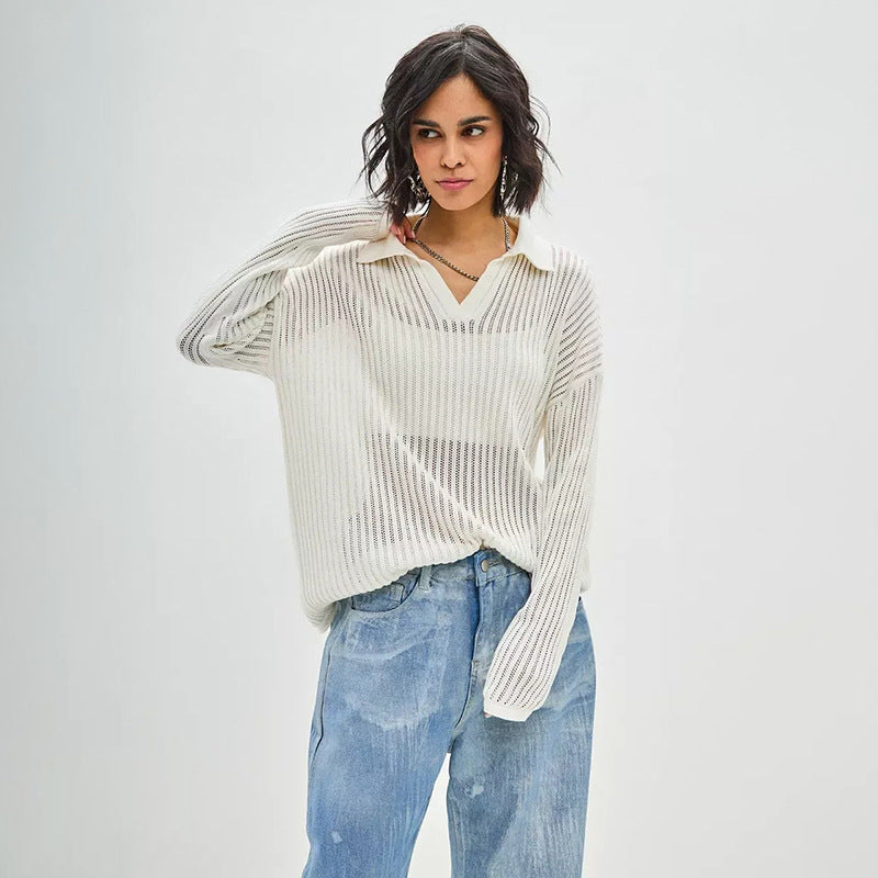 Women's POLO Loose Knit Openwork Knitted Top