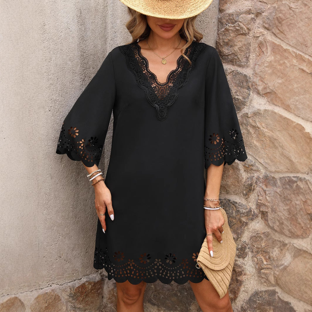 Half Sleeve A- Line Fashion Lace V-neck Dress