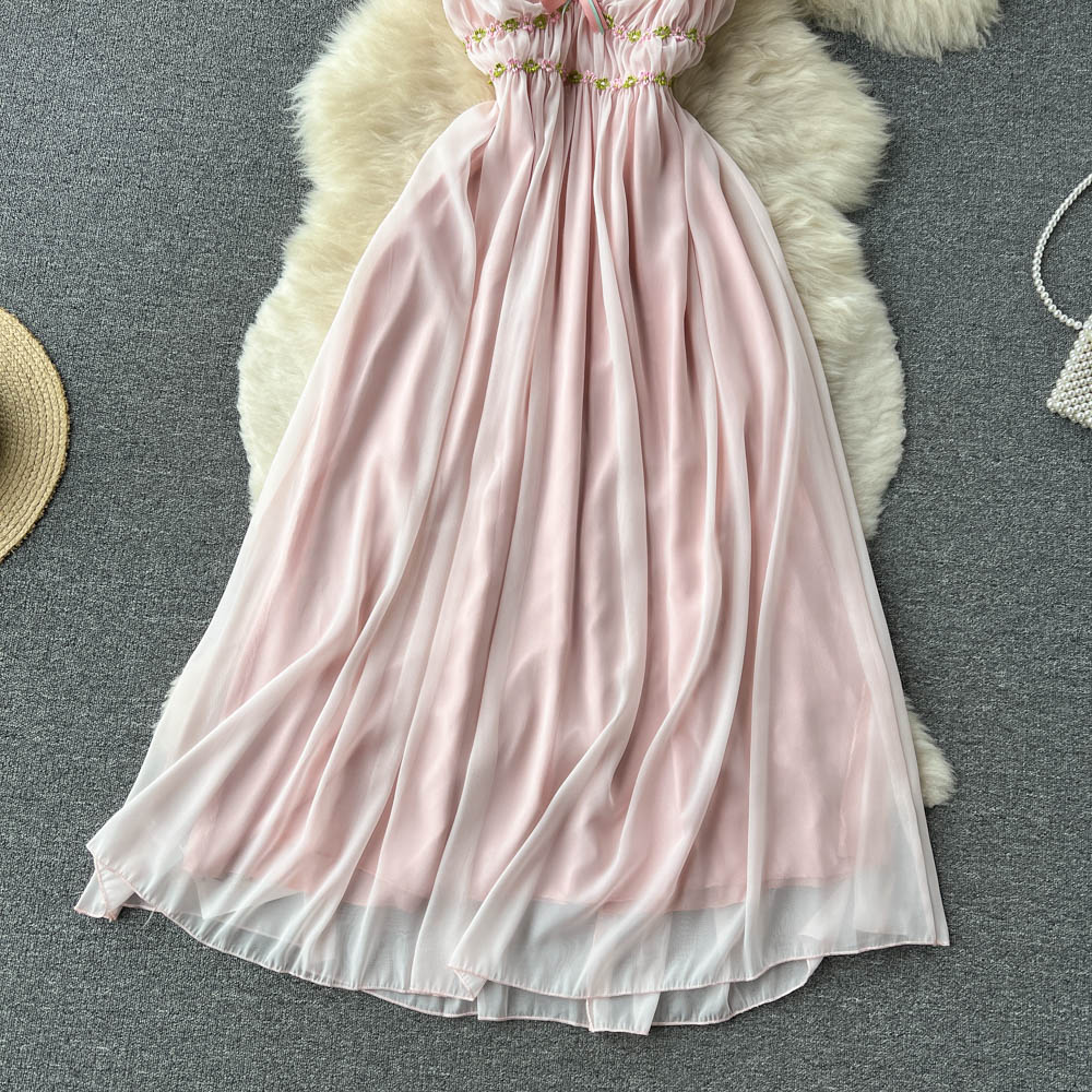 Super Fairy Temperament Sweet V-neck Pleated Pleated Skirt