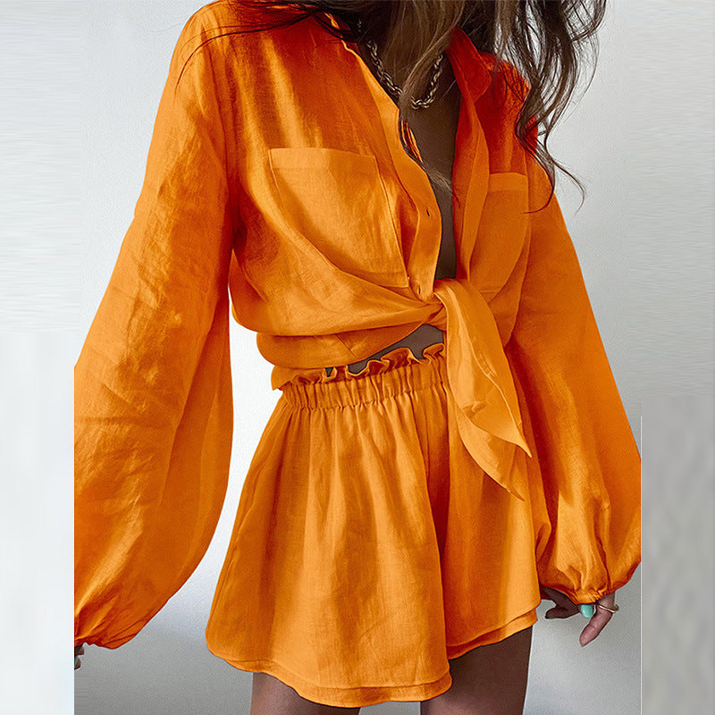 Women's Casual Fashion Pure Color Ruffles Shorts Long-sleeve Suit