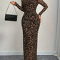 Elegant Womens Leopard-Print Sheer Long-Sleeve Bodycon Dress