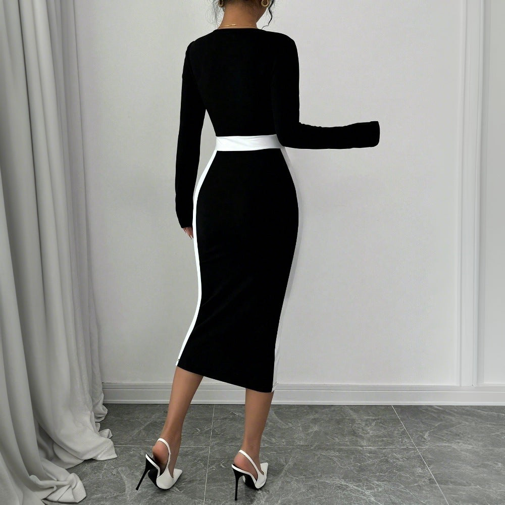 Women's Patchwork Color-block Long-sleeve Bodycon Dress