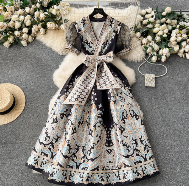 Robe longue imprimée à nouer à la taille pour femme