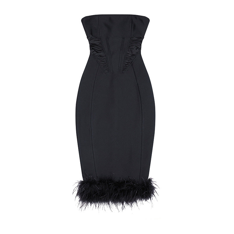 Women's Tube Top Net Skirt Hemline Feather Sheath Dress