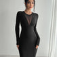 Pure Color Mesh Stitching Chest Design Long Sleeve Slim Fit Dress