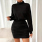 Elegant Mini Dress With Lantern Sleeves Pleats Gold Accents And A Figure-hugging Fit