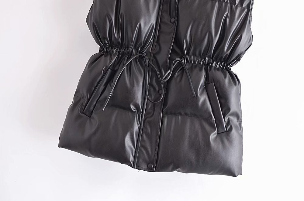 Fashion All-match Drawstring Waist Slimming Faux Leather Waistcoat Cotton Jacket