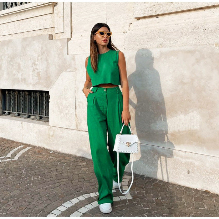 Solid Color Round Neck Sleeveless Vest Top And Trousers