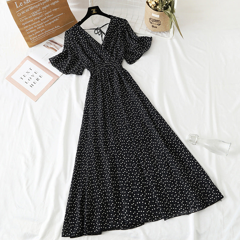 Chiffon Dress Female French Platycodon Floral Long Skirt Waist Was Thinner