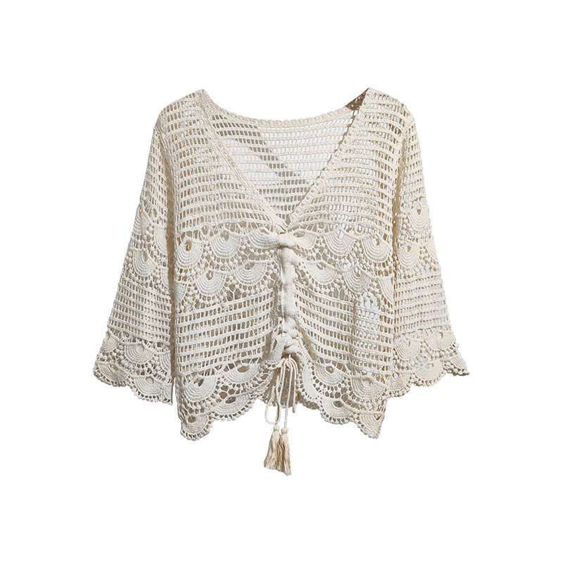 Drawstring Hollow V-neck Three-quarter Sleeve Sweater Women