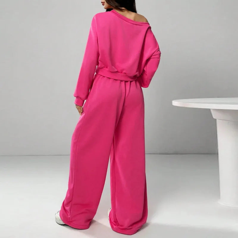 Slim-fit Off-shoulder Crop Top With Casual Pants Set