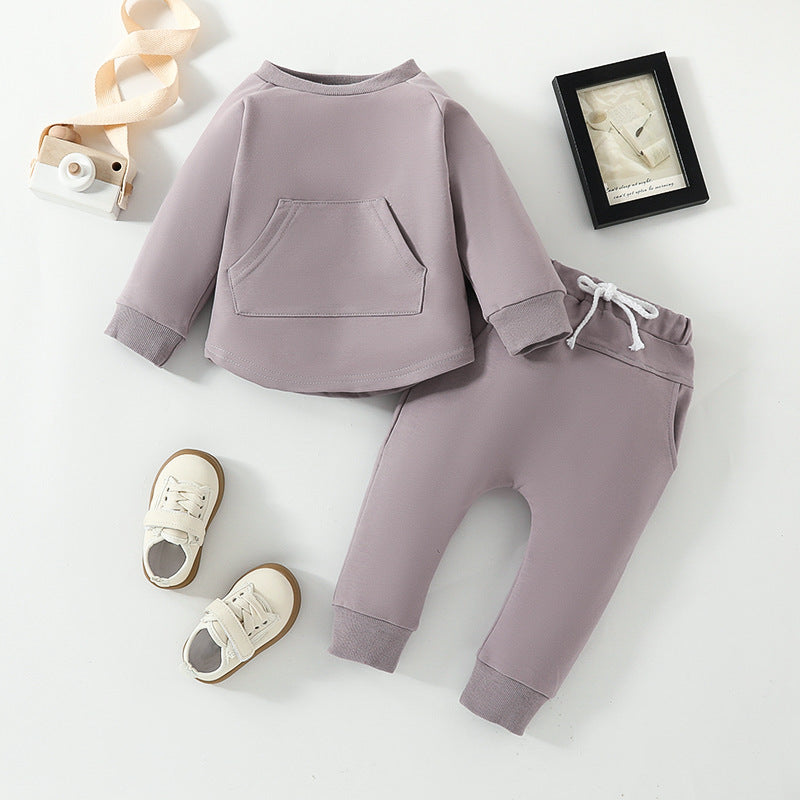 Pull à manches longues et pantalon de couleur unie, vêtements deux pièces pour enfants