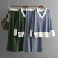 Women's V-collar Contrast Color Knitted Loose Wide-leg Pants Two-piece Set