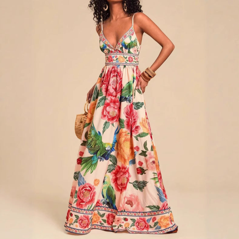 New Strap Print V-Neck Extra-Long Knitted Dress