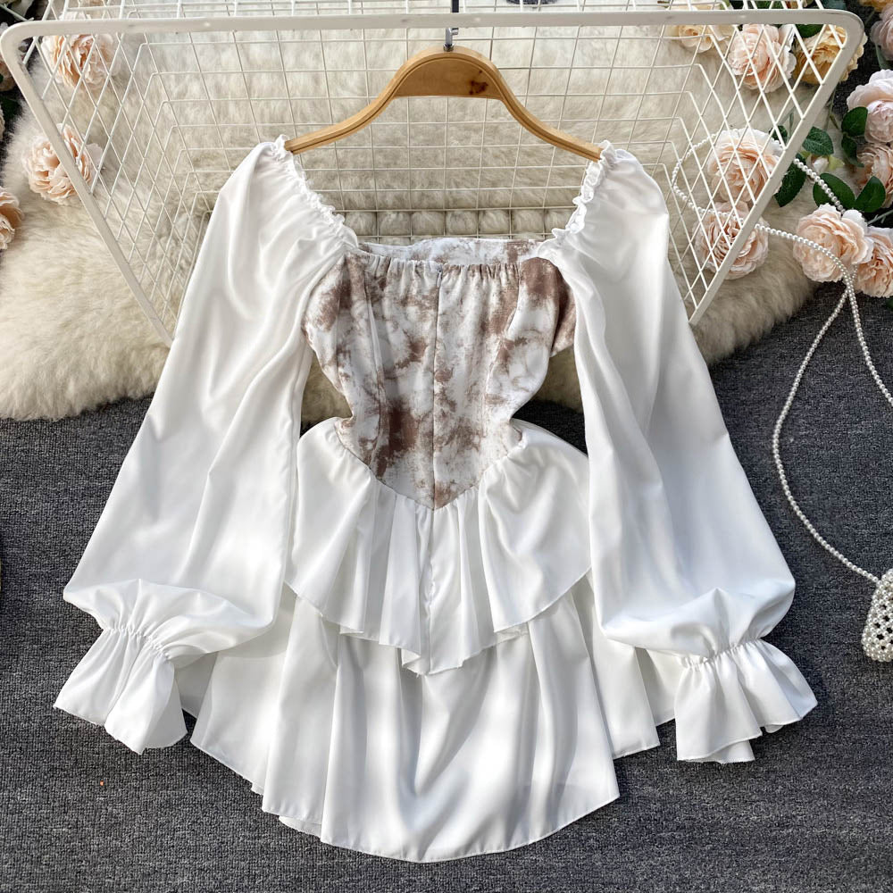 New Square-neck Retro One-shoulder Tie-dye Court-style Ruffled Dress