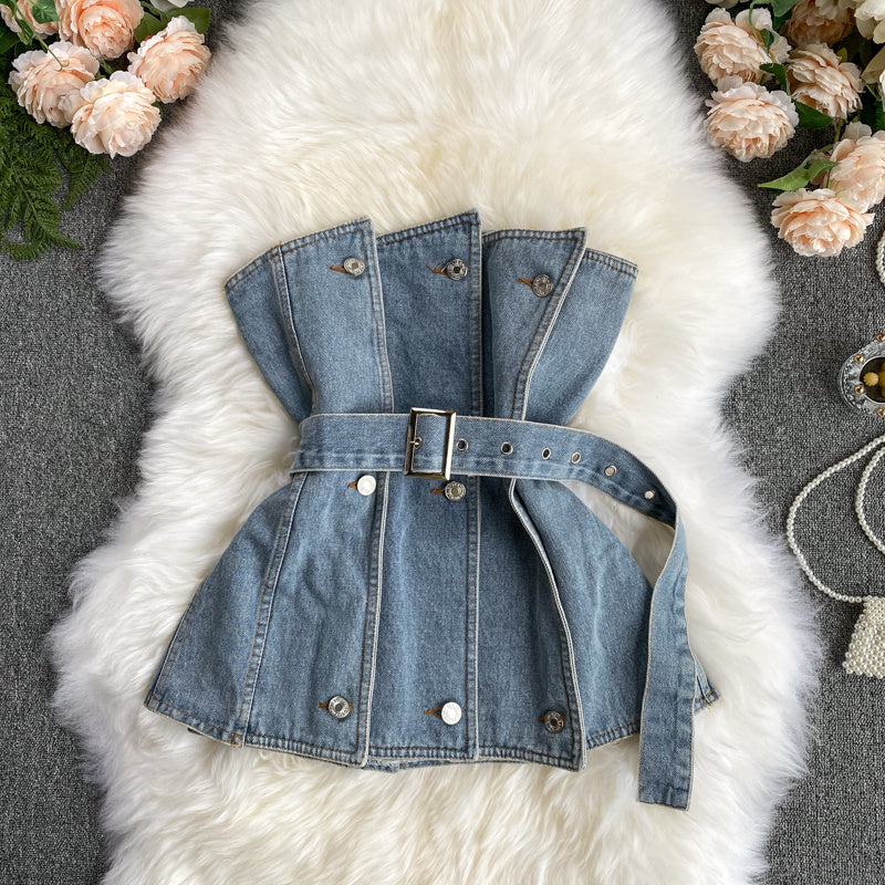 Design Sense Female Niche Breasted Splicing Slim Irregular Denim Tube Top Wear