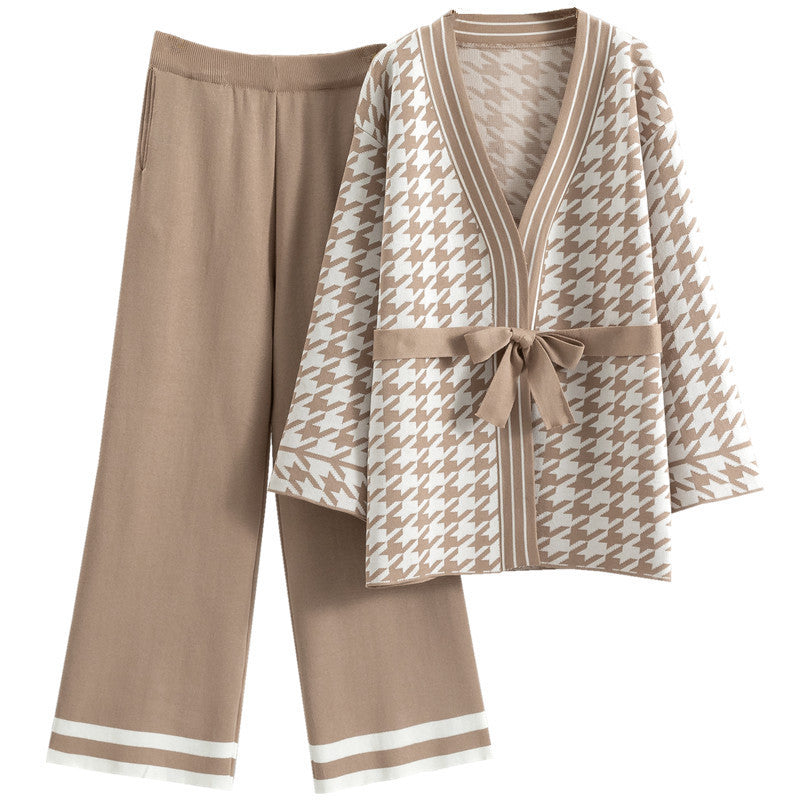 Spring And Autumn Jacquard Houndstooth Knitted Wide-leg Pants Two-piece Set