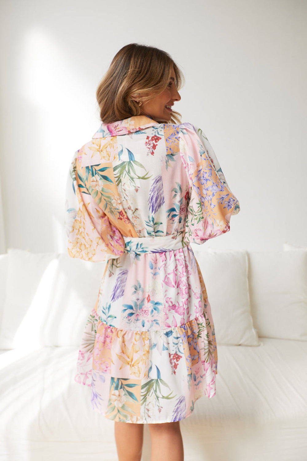 Women's Lantern Short Sleeve Belt Single-breasted A- Line Dress