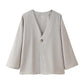 Cotton And Linen Casual Loose V-neck Solid Color Two-piece Set